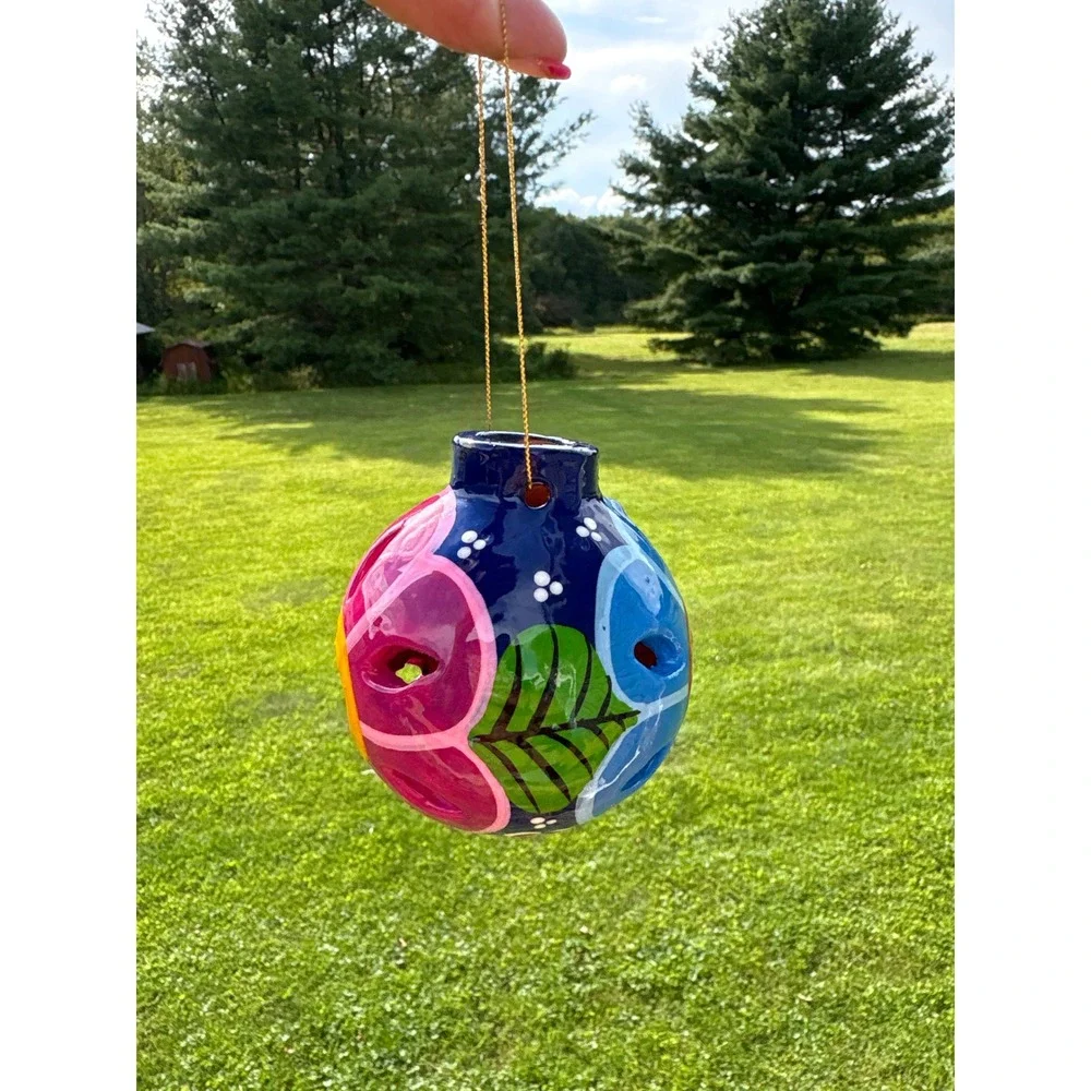 Hand Painted Talavera Style Ceramic Floral Sphere Hanging Ornament Blue Pink